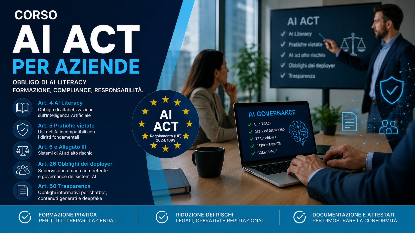 Corso AI Act per aziende su AI Literacy, formazione obbligatoria e governance dell’intelligenza artificiale